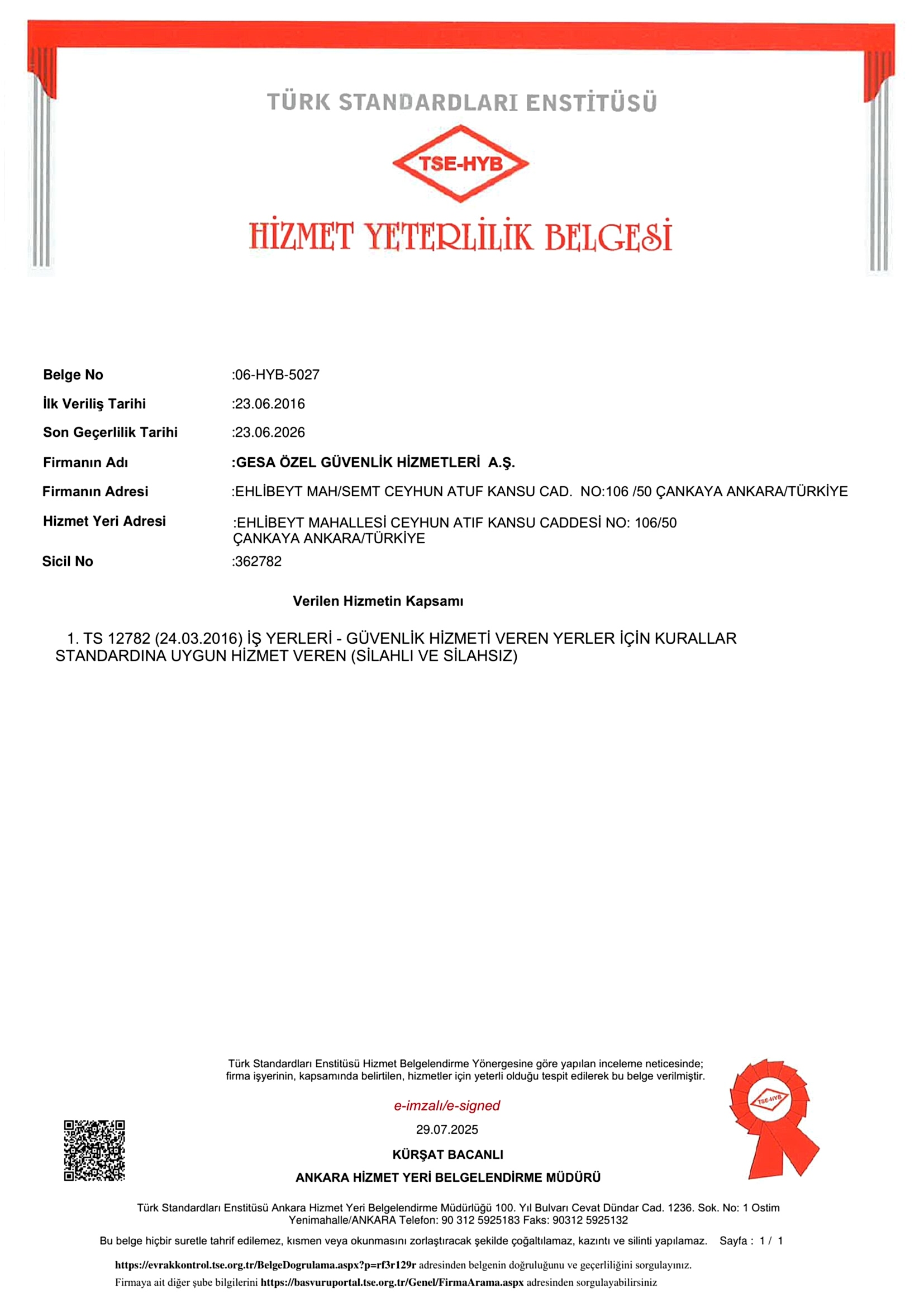 Hizmet Yeterlilik Belgesi